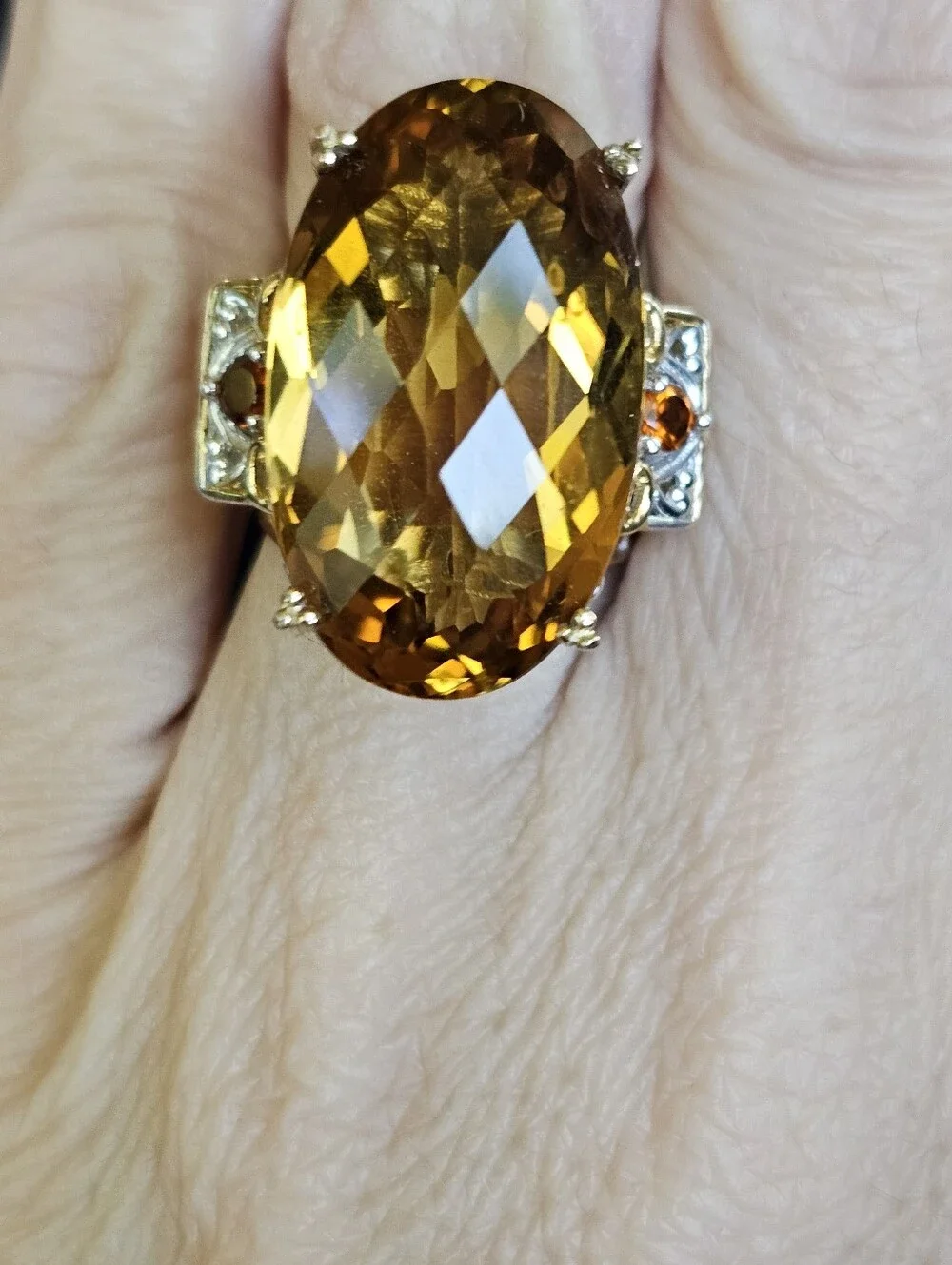 Genuine Huge Oval Citrine & Red Garnet Ring Palladium Sterling Silver 18K Sz 5!